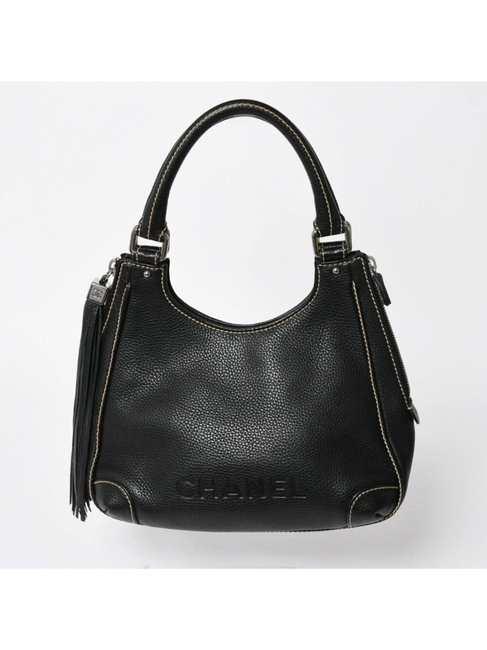 Chanel Fringe Tassel Shoulder Bag Tote Black Silver